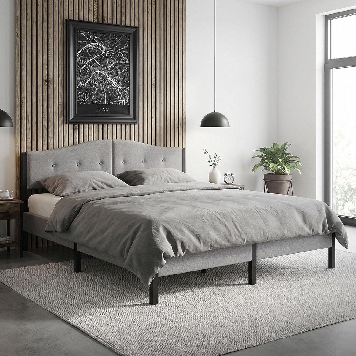 Gestoffeerd Bed - Bedframe Linnen - Slaapkamer Inrichten - Decoratief Knoopdetail - 180x200 cm - Grijs