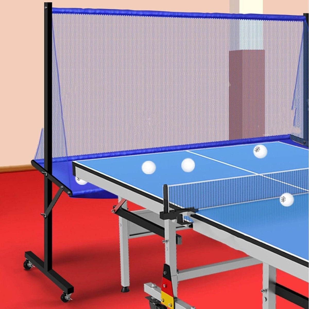 Tafeltennis Vangnet - Pingpong Ballenbak - Multibaltraining - Mobiel met Wielen - 202 cm breed - Zwart