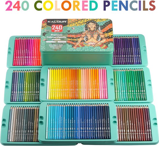 De 240 kleurpotloden uitgestald in hun trays onder de tekst "240 Colored Pencils".