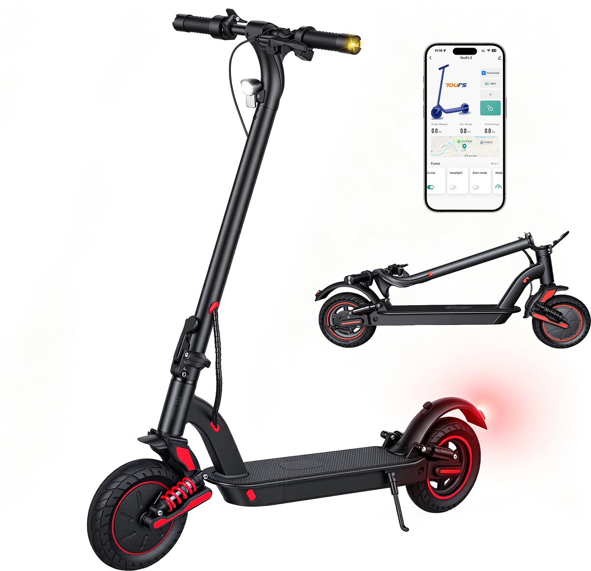 YEE GOO Elektrische step - 350W Borstelloze Motor - Maximumsnelheid 25 km/u - Actieradius 25-30 km - Voor- en achtervering - 10" Banden - max. draaggewicht 120 kg - Zwart