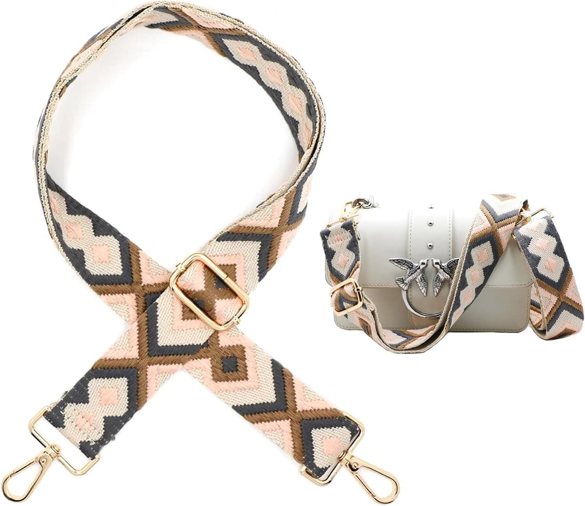 Schouderriem voor tassen, breed 3,8 cm, boho-schouderriem, zakriem voor dames, draagriem, schouderriem met karabijnhaak voor schoudertassen, tassen, handtassen (roze-grijs)