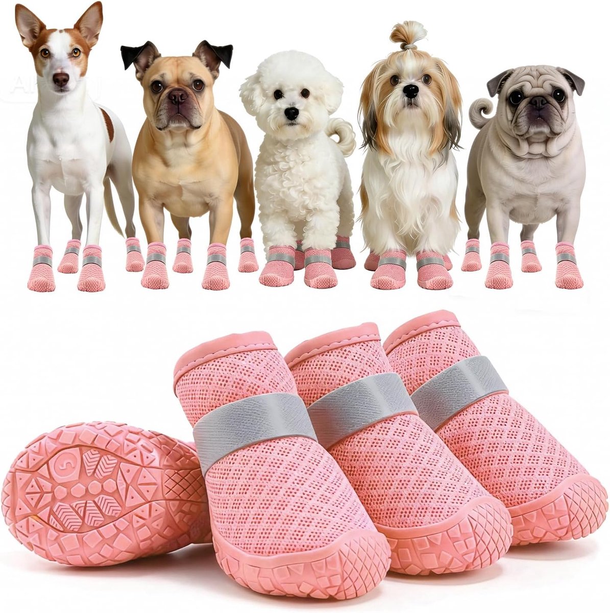 hondenlaarzen (4 stuks), Lichtgewicht mesh pootbeschermers voor XS-honden onder 12kg, Verstelbare antislip schoenen voor wandelen & gewonde poten (Roze)