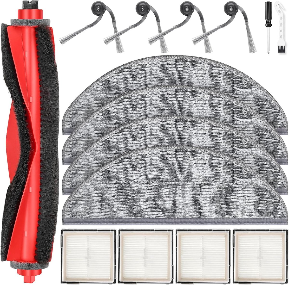 15-delige accessoireset voor Roborock Q10 X5 / Q10 X5+ robotstofzuiger, 1 hoofdborstel, 4 dweilpads, 4 HEPA-filters, 4 zijborstels, 1 reinigingsaccessoires, 1 schroevendraaier, reserveonderdelenset