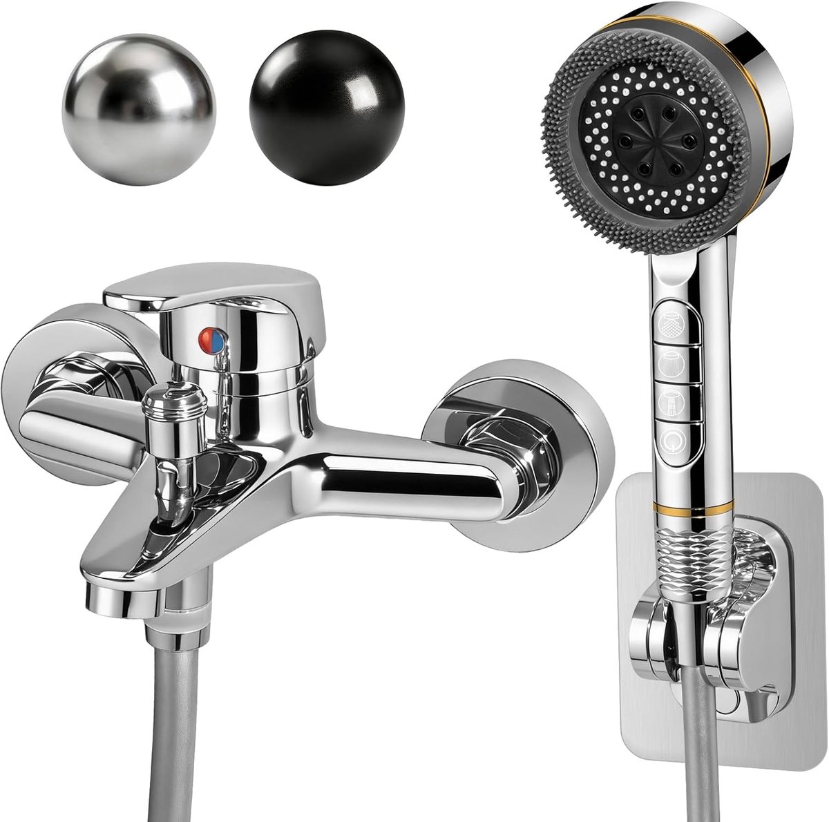 Badmengkraan met 4 Straalsoorten Handdouche, Douchekraan Wandmontage Badkuipkraan Eengreeps Mengkraan voor Badkamer met 1,5m Slang en Houder (Zilver Set-R)
