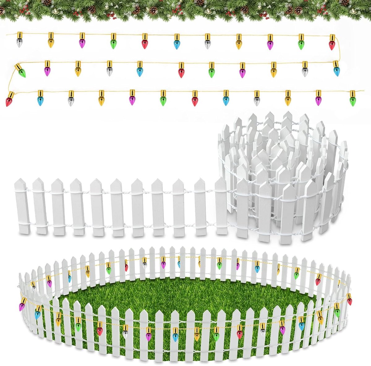 Accessoires Kerstmis, miniatuur omheining tuinhek hout, 90 x 5 cm kabouter hek met 100 cm decoratieve lichtketting, Kerstmis miniatuur omheining houten hek, poppenhuis accessoires