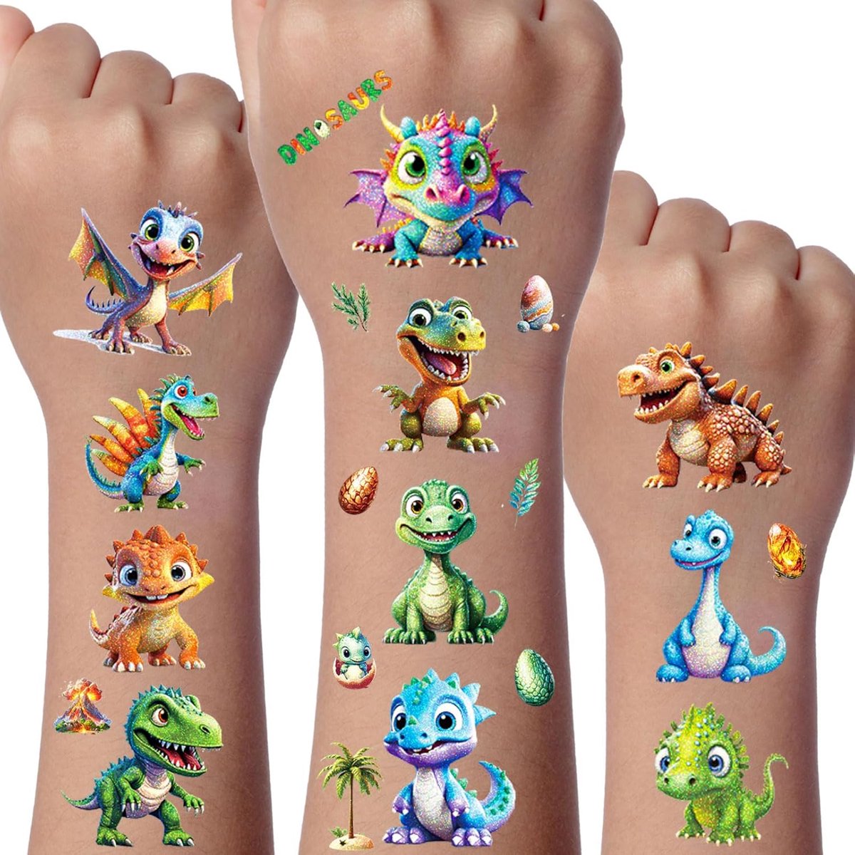 Glitter Tattoo Set, 12 Vellen Dinosaurus Tijdelijke Tatoeages voor Kinderen, Waterdichte Nep Tatoegeringsreeks Met, Feestdecoratie, Tatoeagestickers voor Gongens en Meisjes