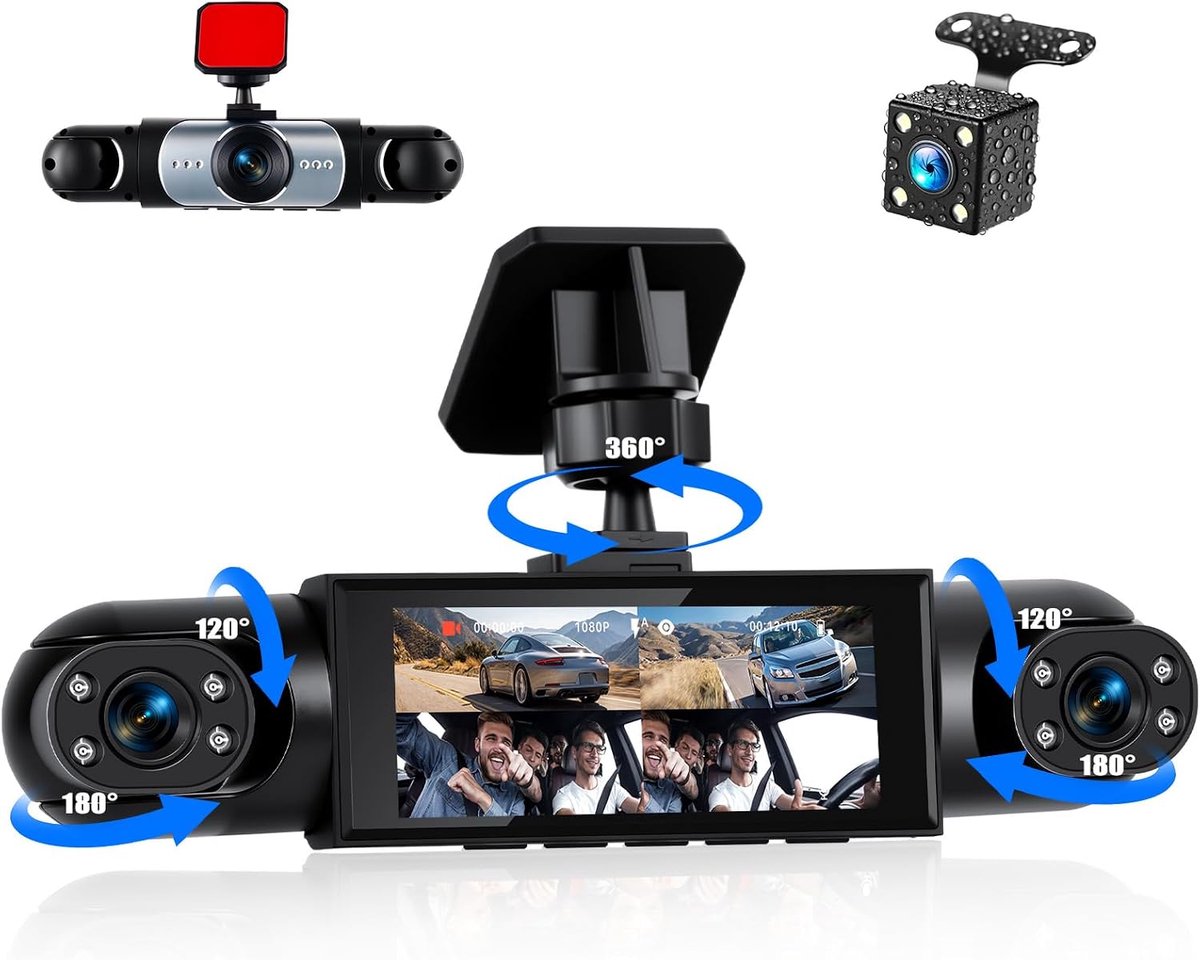 360 graden 4-kanaals dashcam voor voor- en achterzijde van de auto, 360 graden dashcam 3 inch met nachtzicht 8 IR, lusopname, parkeerhulp