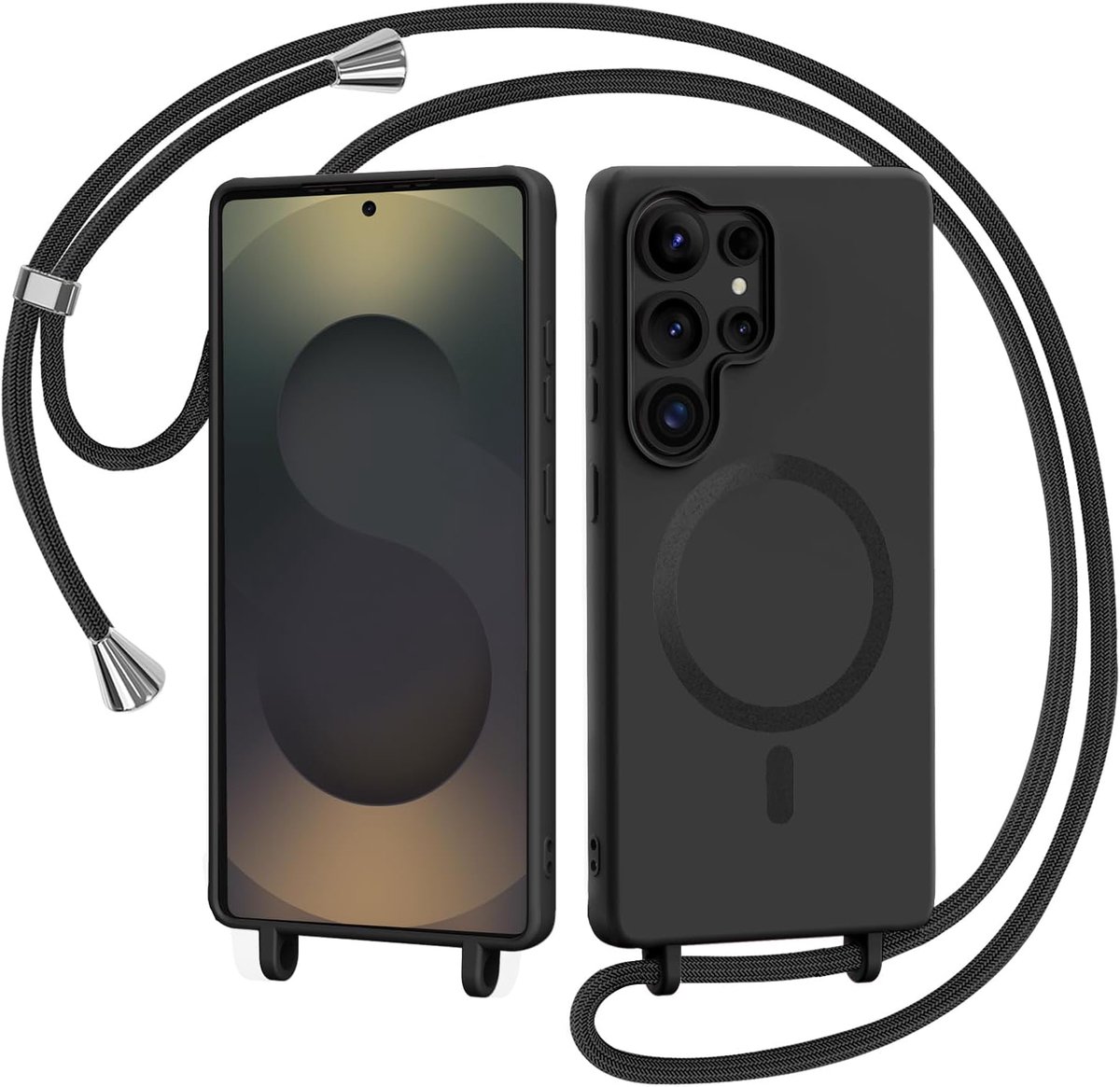 beschermhoes voor Samsung Galaxy S25 Ultra met koord, compatibel met MagSafe halsketting, vloeibare siliconen met nekband, koord van zacht, TPU, schokbestendig, zwart