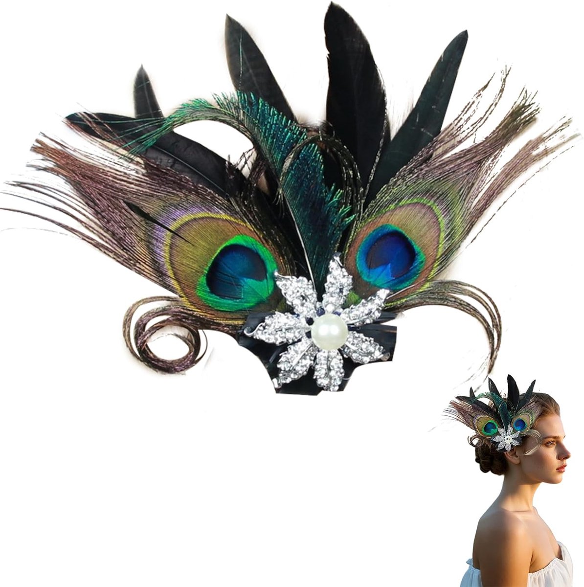 Hoofdstuk met franjesveer, Gatsby, flapper hoofdband, party, eindexamenbal, jaren 20，Pauwenveer Haarspeld met Strass Steentjes - Natuurlijke Pauwenveer, Unieke Versiering,