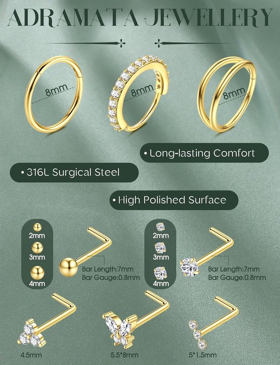 12 stuks 20G Neusringen Chirurgisch Staal Neusstud Set Diamant Cz — afbeelding 2