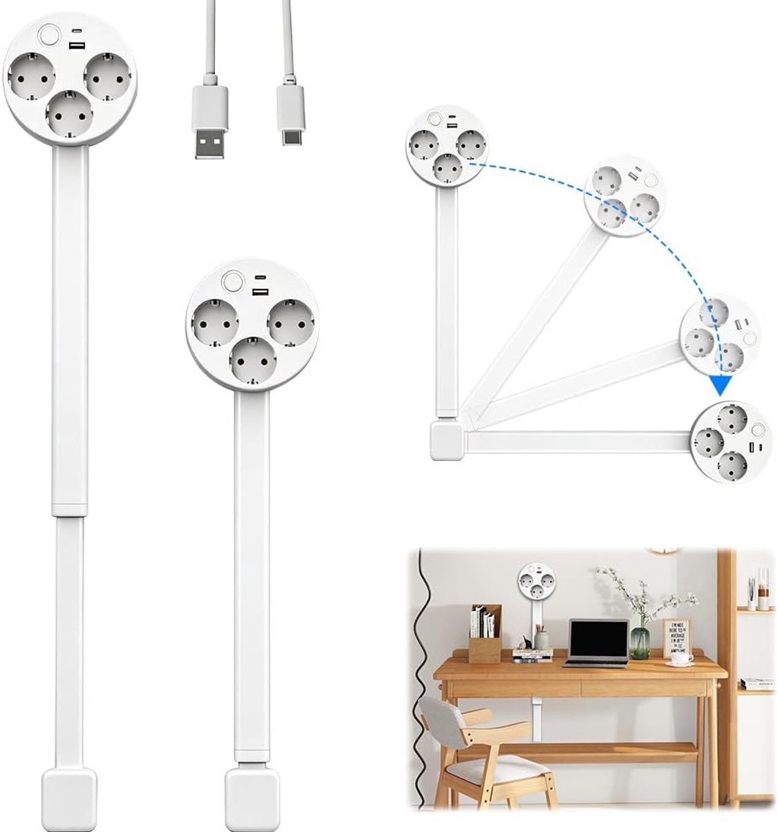 stekkerdoos met 3 stopcontacten met USB C en USB A, inschuifbare multistopcontactdoos, met schakelaar, uitbreidbaar van 47 tot 67 cm, 360° rotatie, voor moeilijk bereikbare stopcontacten
