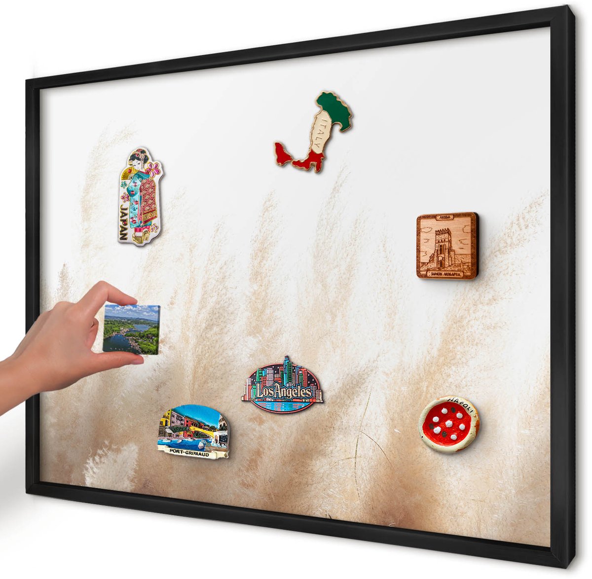 Artprintcave Beige Magneetbord mit Zwart Frame - 70x50 cm - Essentiële Grassen Memobord Keuken - Minimalist Notitiebord - Bloemen En Planten