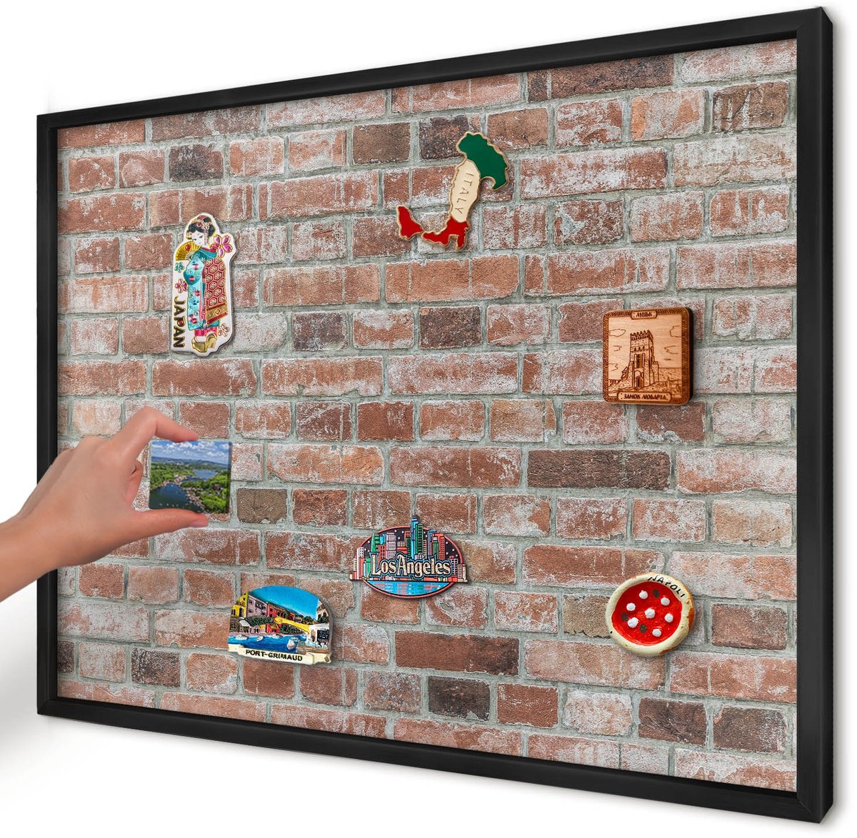Artprintcave Rood Magneetbord mit Zwart Frame - 70x50 cm - Bakstenen Muur Magnetische Organizer - Industrieel/Loft Magneetbord Voor Keuken - Texturen