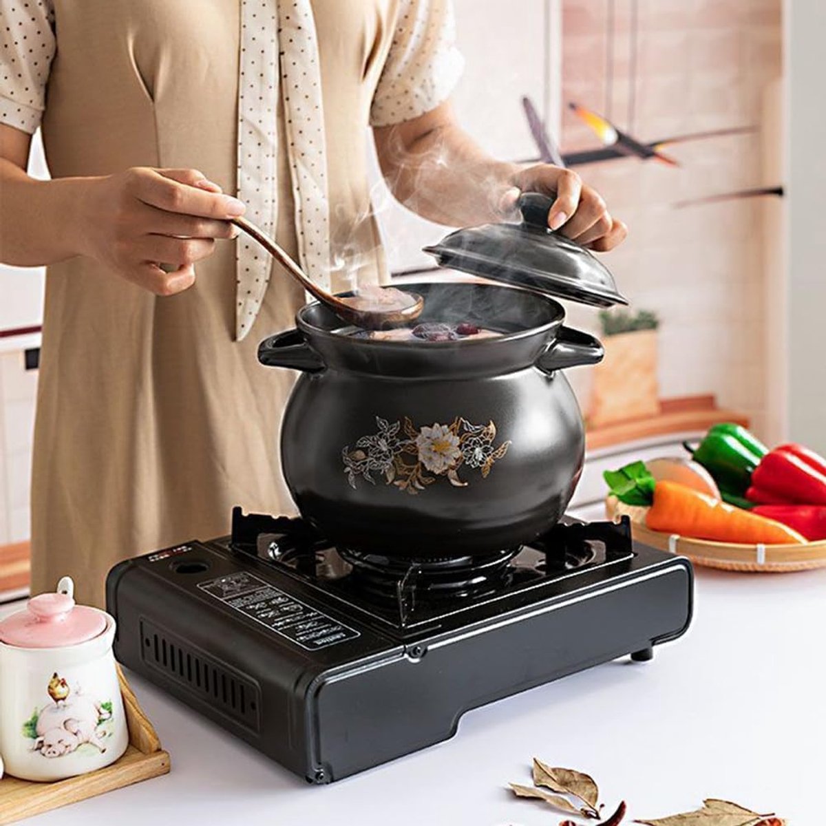 Keramische Stoofpot - Braadpan Rijstkoker - Gerechten Bereiden - Hittebestendig Materiaal - 2.5L - Zwart – foto 3