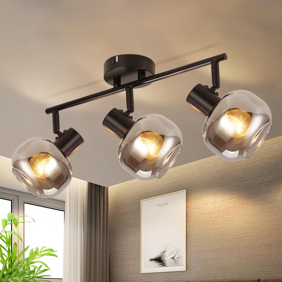 Plafondlamp Zwart Plafond Spot 3 Vlam - Glas Modern Plafond Spots 350 ° Draaibaar Plafond Licht E14 Spot Keuken Lamp voor Hal Keuken Woonkamer Slaapkamer (Rook Grijs)