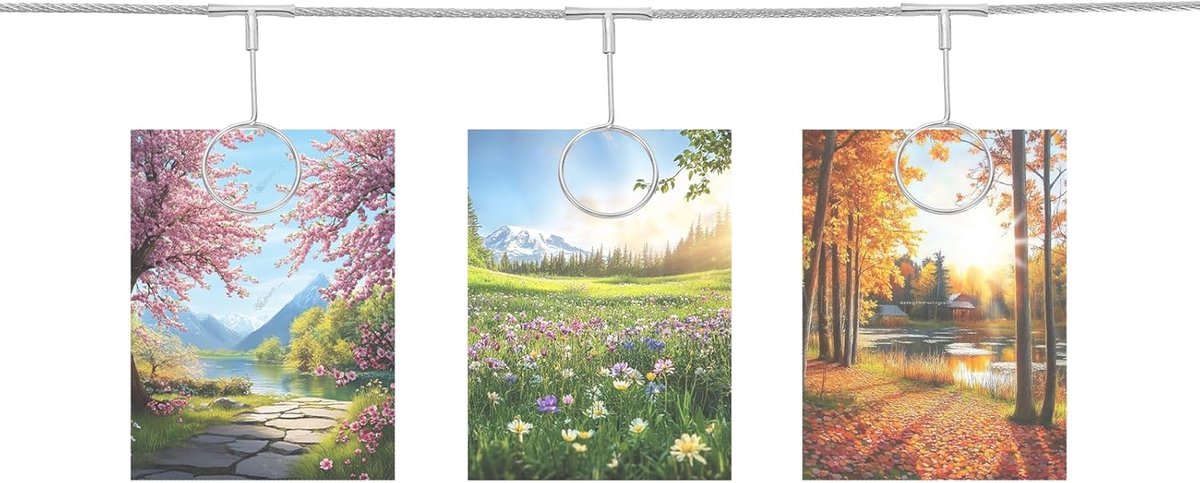 Stalen wandhangende fotoweergave, kabel, draadstang met 12 ronde clips, 15,5 m, hangende fotolijst, collage, wanddecoratie voor het ophangen van foto's, notities, ansichtkaarten, kunst