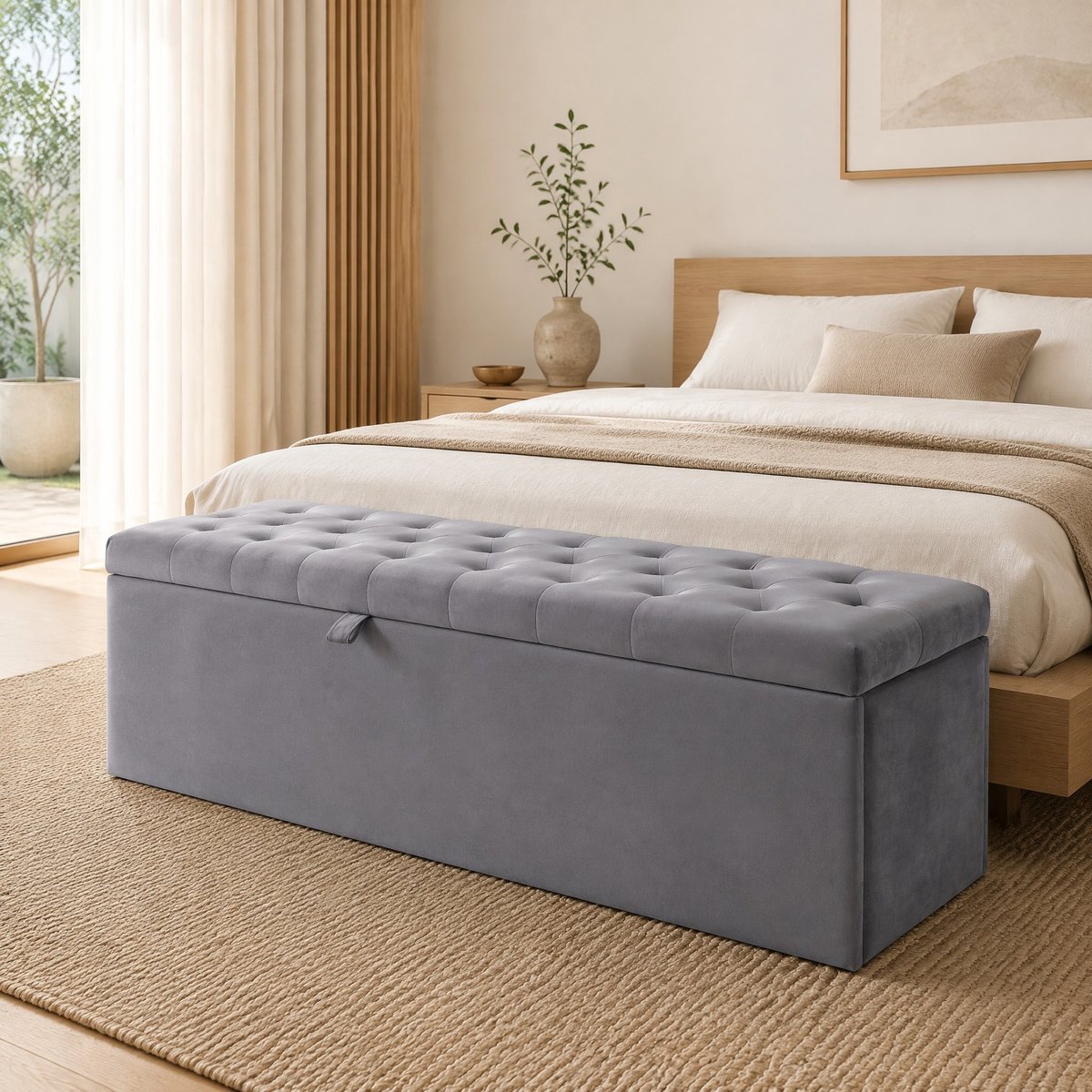 Opbergbank Met Stauraum – 138 x 41 x 42 cm – Samt – Grijs – Gevoerde Zitbank Voor Slaapkamer Binnen