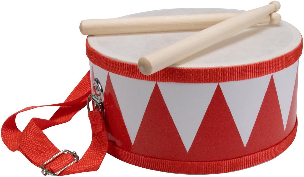 Trommel voor kinderen rood-wit muziekinstrument van hout met draagriem en stokjes D: 20 cm - 3845r
