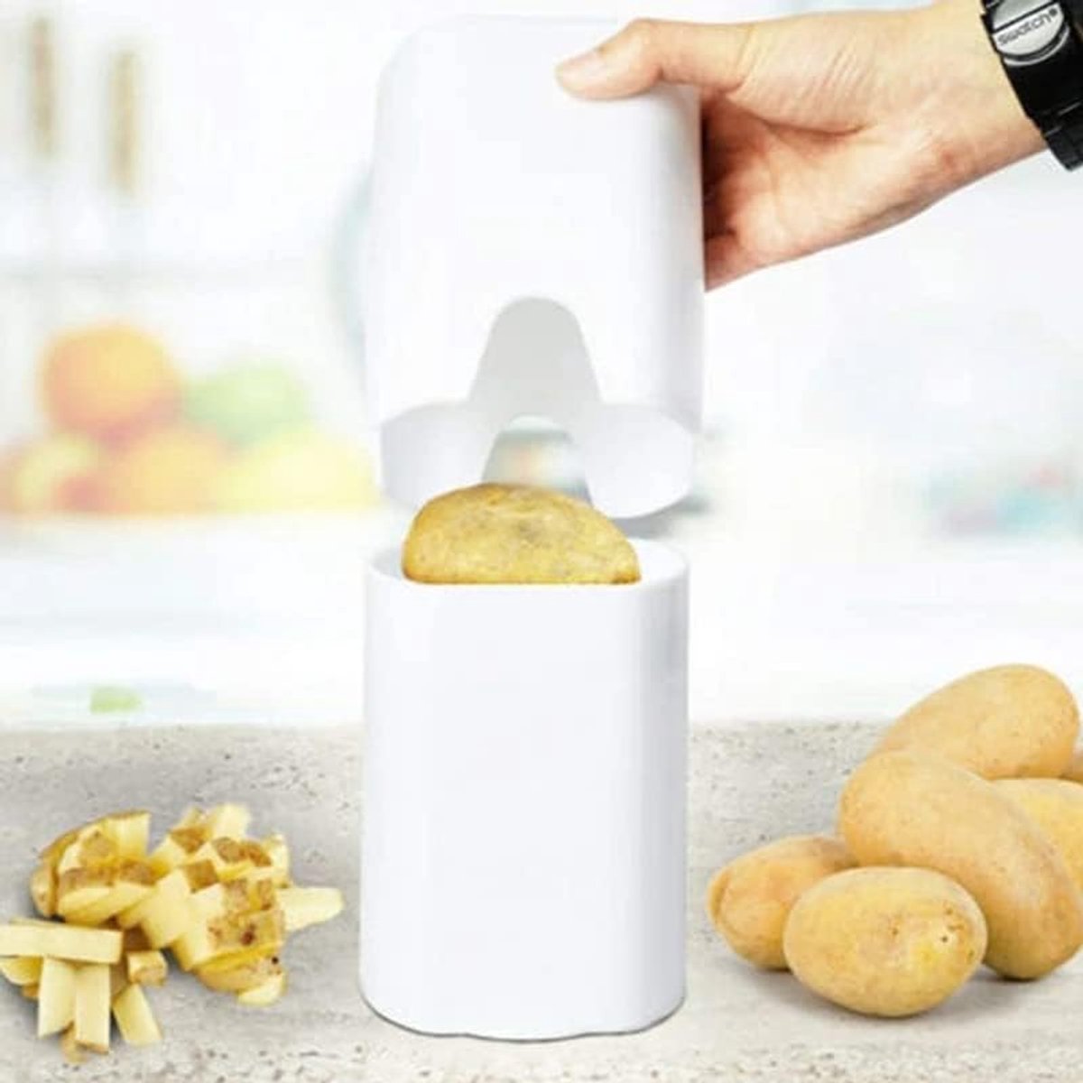 Handmatige aardappelsnijder, professionele aardappelsnijder, groenten met snijroosters, zwart, kunststof en roestvrij staal