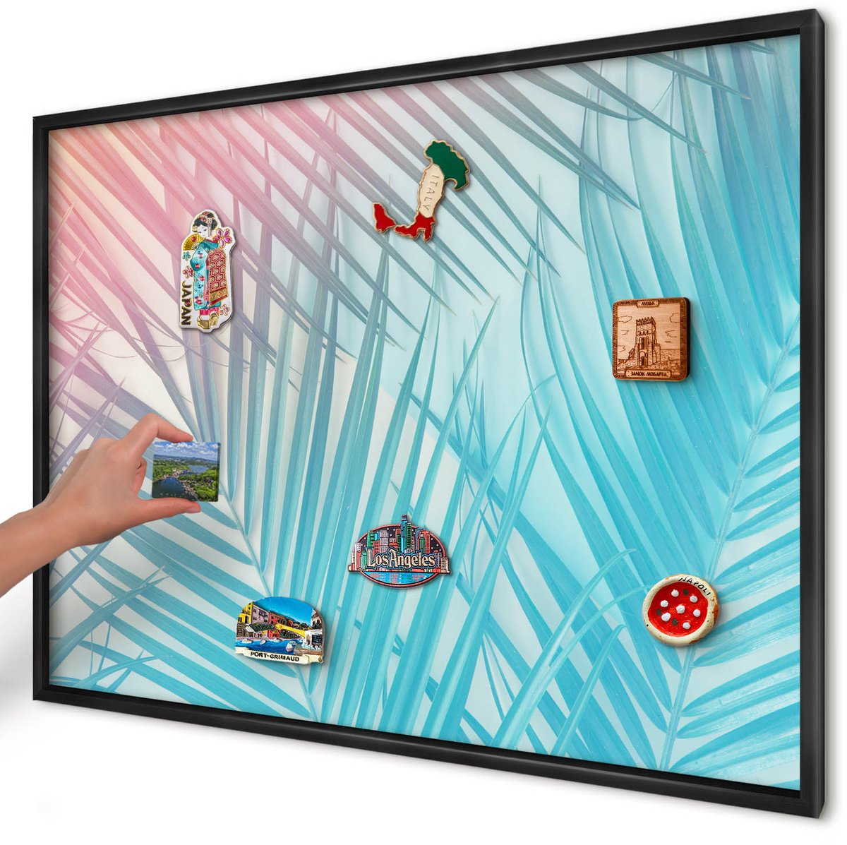 Artprintcave Turkoois Magneetbord mit Zwart Frame - 100x70 cm - Tropische Elegantie Magnetisch Bord Voor Magneten - Abstract Magneetbord Voor Foto's - Bloemen En Planten