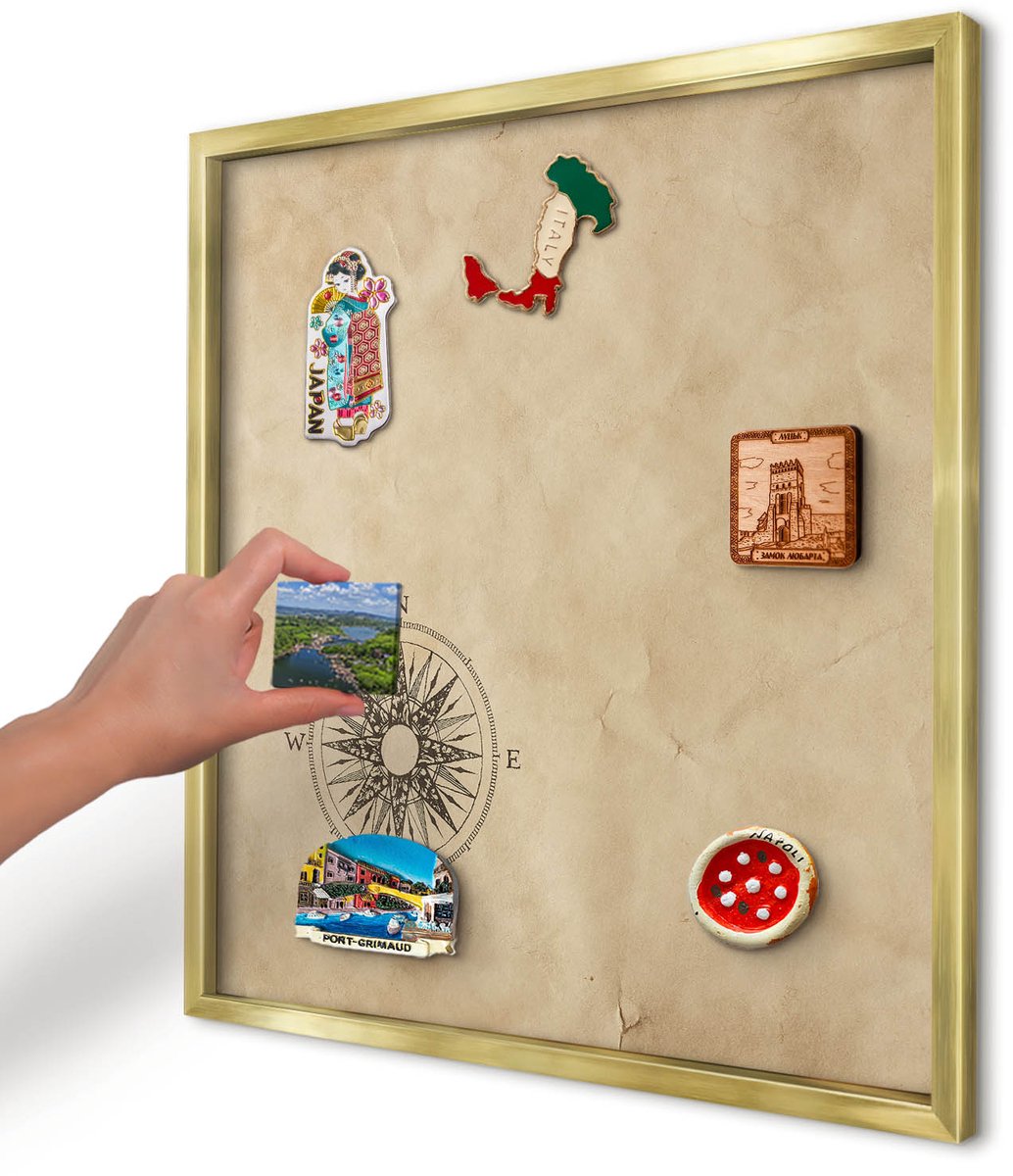 Artprintcave Beige Magneetbord mit Gouden Frame - 50x50 cm - Windroos Magnetische Organizer - Vintage Memobord Keuken - Achtergronden En Patronen