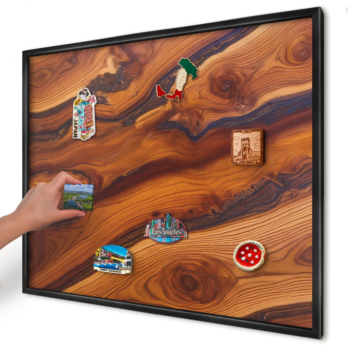 Artprintcave Bruin Magneetbord mit Zwart Frame - 80x60 cm - Houten Ringen Wandbord Magnetisch - Rustiek Notitiebord - Texturen