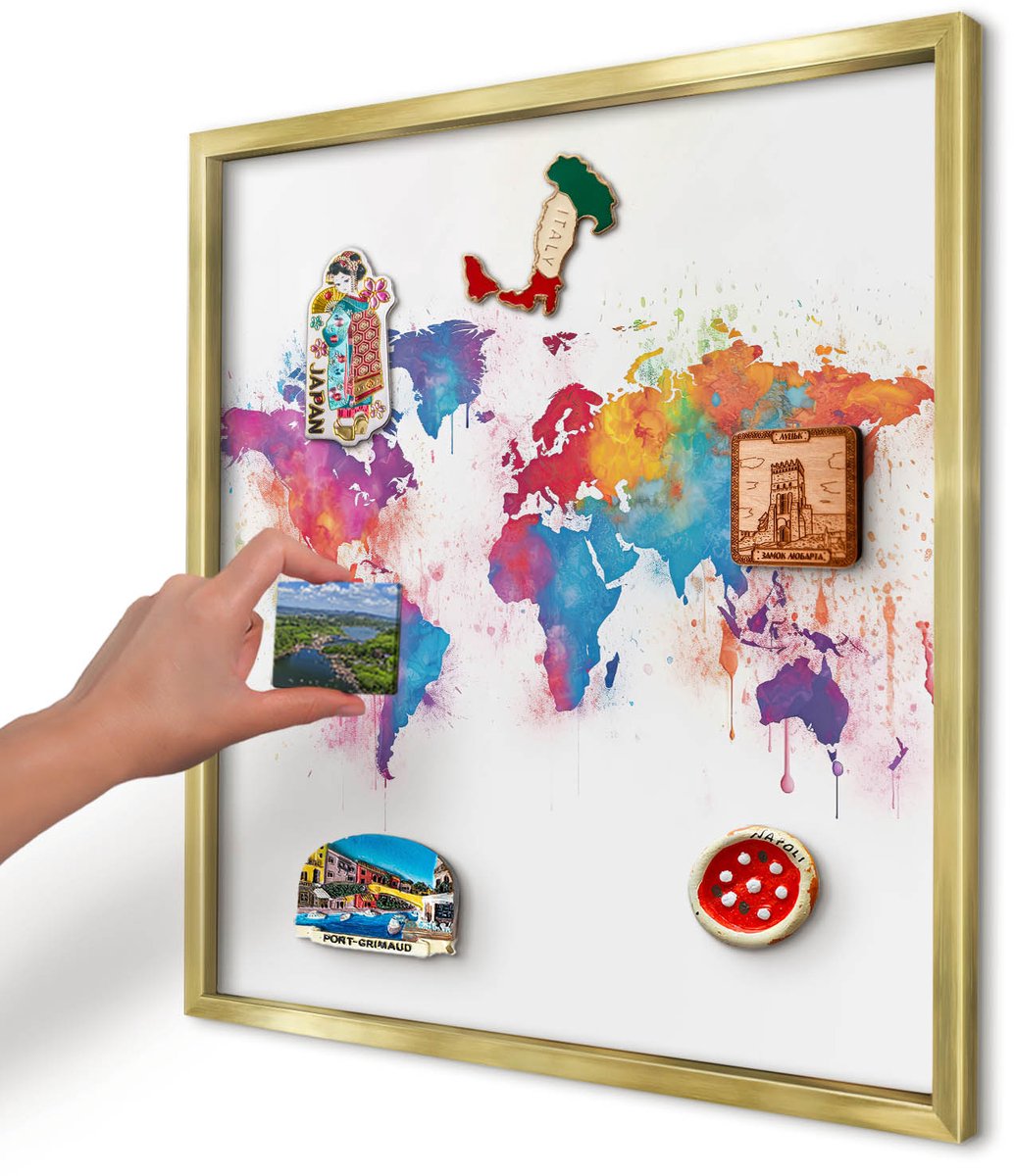 Artprintcave Blauw Magneetbord mit Gouden Frame - 50x50 cm - Kleurenkaart Magneetbord Voor Foto's - Waterverf Magnetisch Bord Voor Magneten - Kaarten