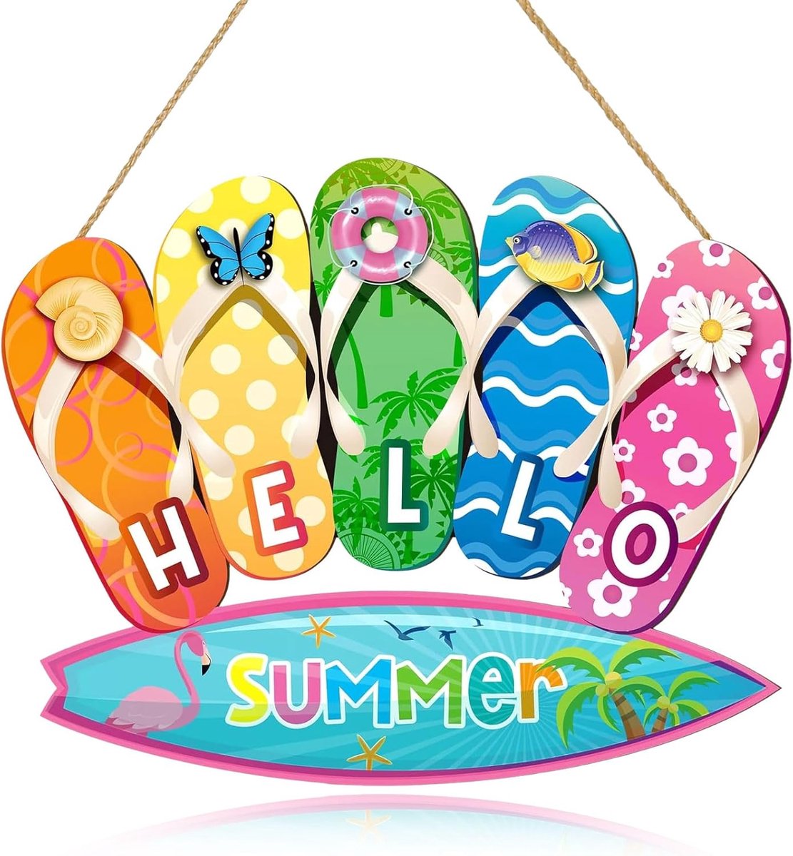 Summer, welkomstbord met zomerpantoffels, hangbord in rustieke stijl