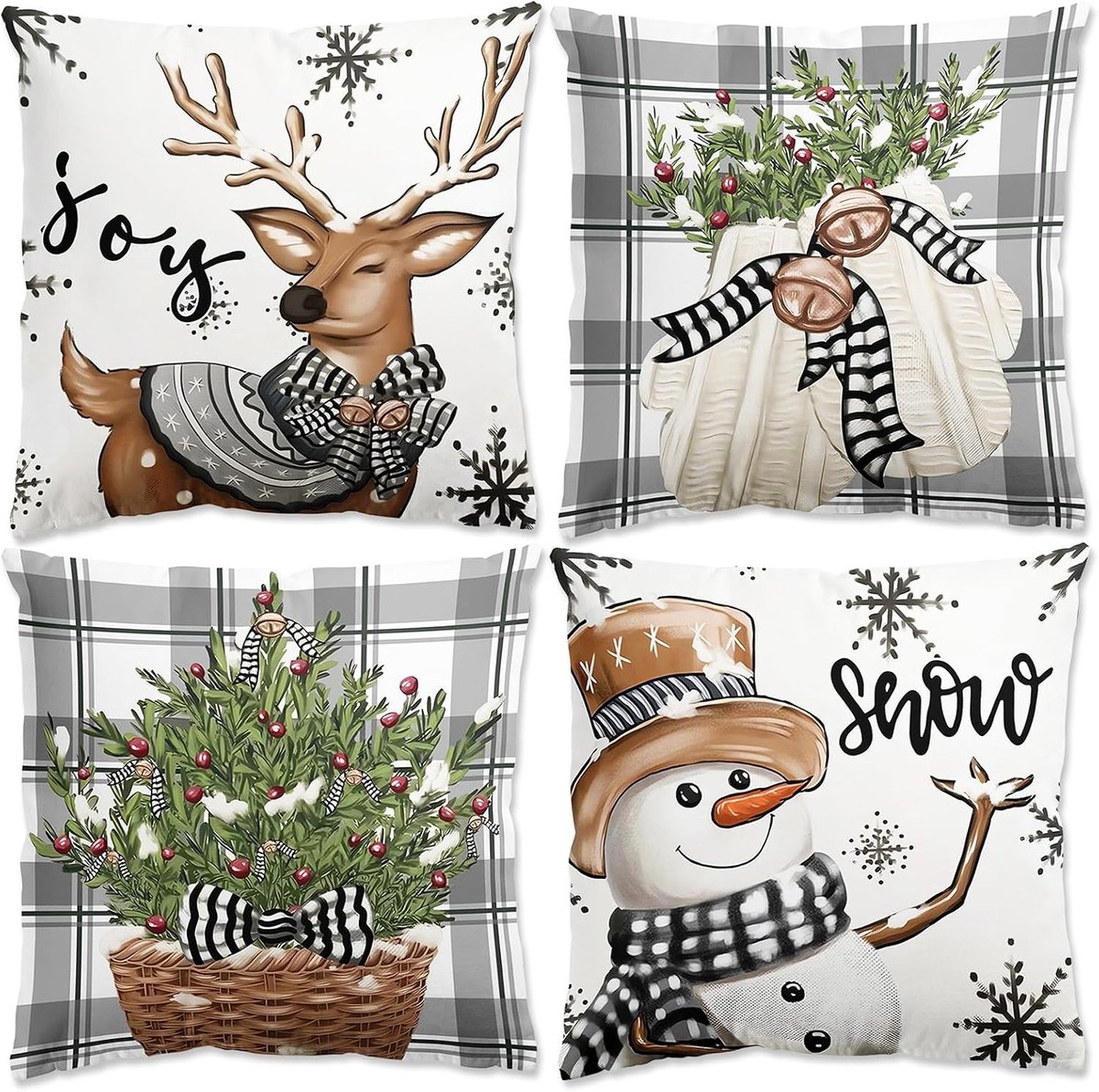 Set van 4 Kerst Kussenhoezen 45 x 45 cm - Grijs en Wit met Sneeuwvlokken en Herten voor Woonkamer Decoratie en Bankaccessoires