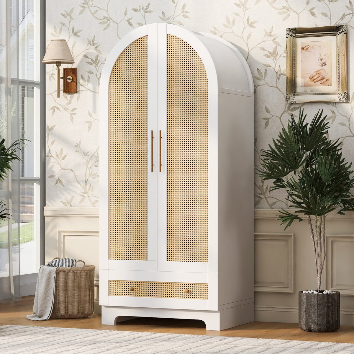 MIVRAY Kledingkast Dubbele Deuren Met Rotanlook En Lades Ruime Opbergkast Voor Slaapkamer En Kleedkamer Hout Wit 70x55x170 Cm