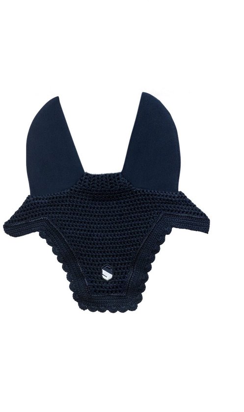 Donkerblauw oornetje met geborduurde rand en logo, met lange oren.