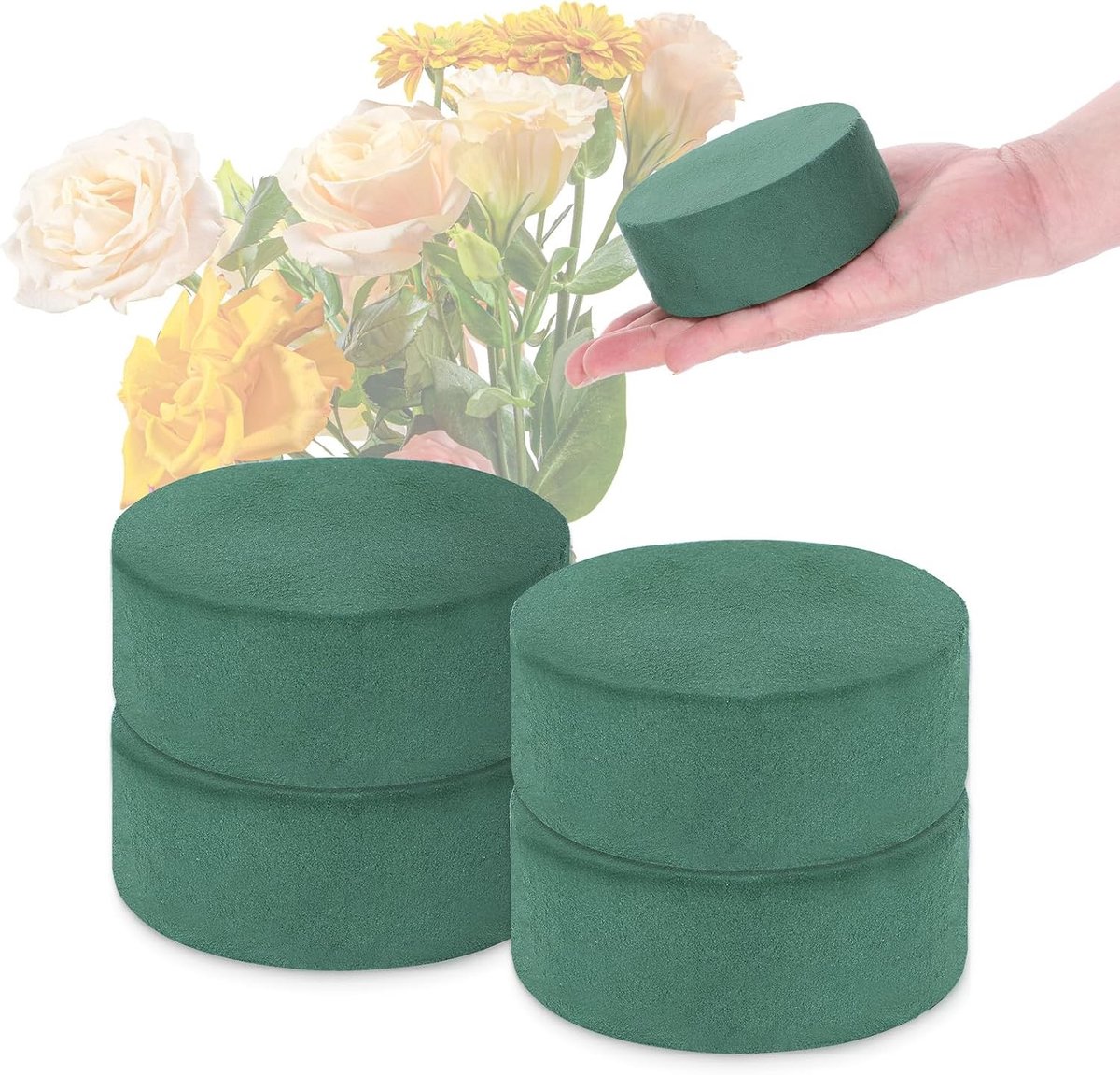 Ronde bloemenschuimblokken voor verse en kunstbloemen, 10 x 10 x 4 cm, ideaal voor bruiloften, feesten en kamerdecoratie, 4 stuks cilinderschuim voor droog en nat gebruik