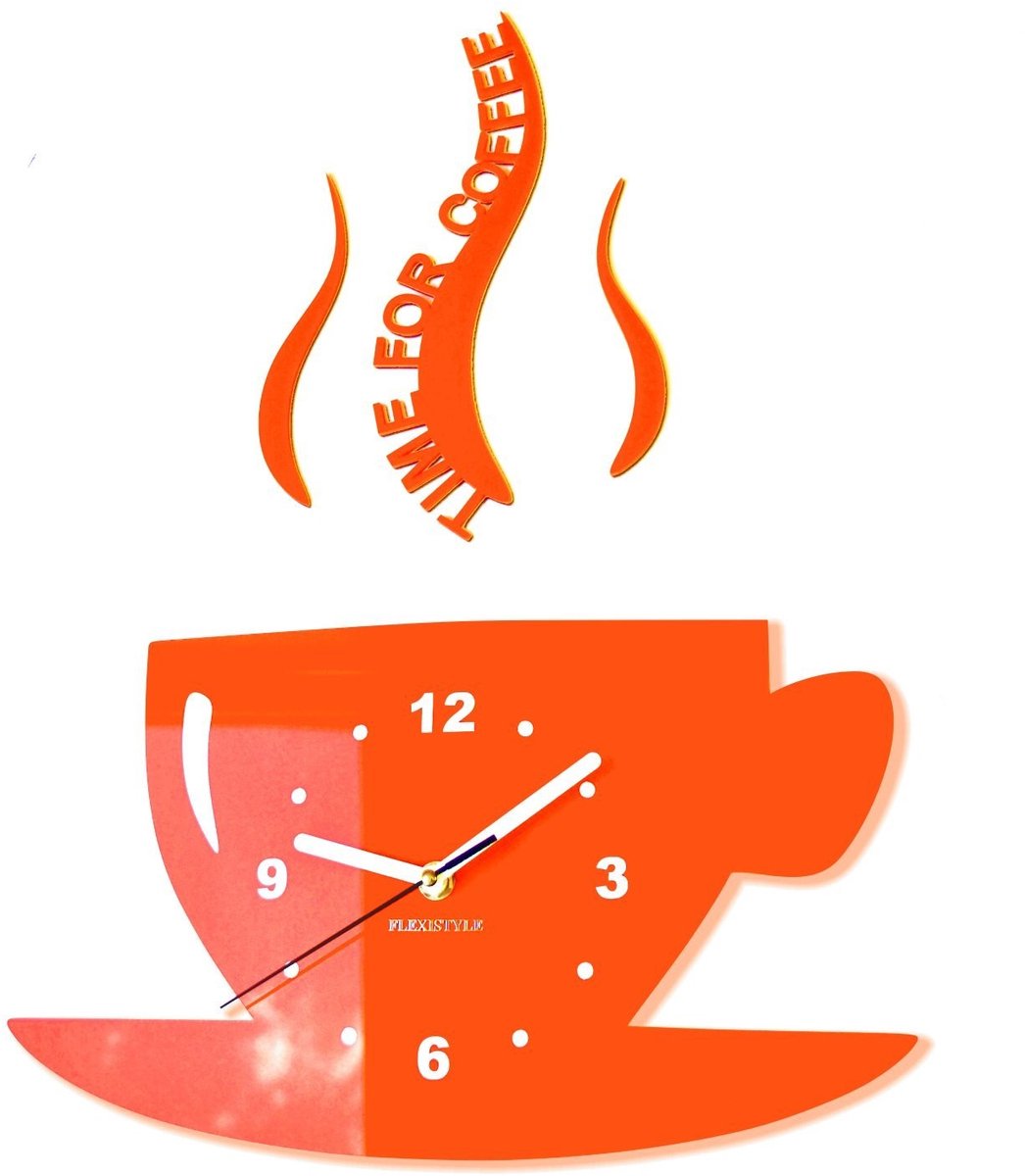 Omgoods - Tijd voor Koffie Moderne Keuken Wandklok Oranje, 3D DIY