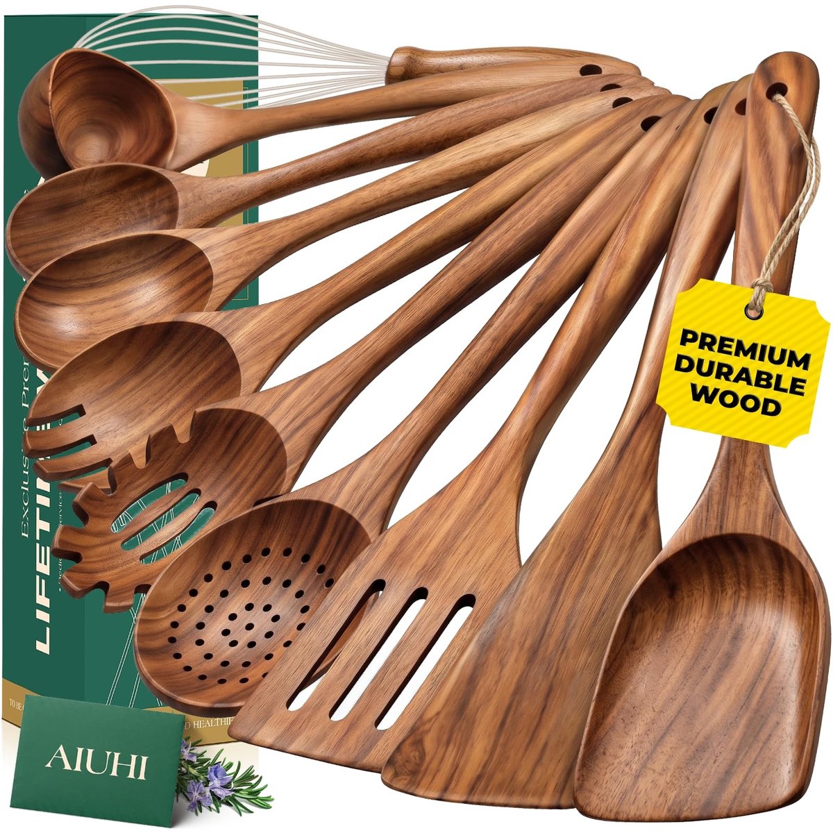 Omgoods - Set van 10 Houten Lepels voor Koken - Teakhouten Keuken Gereedschap