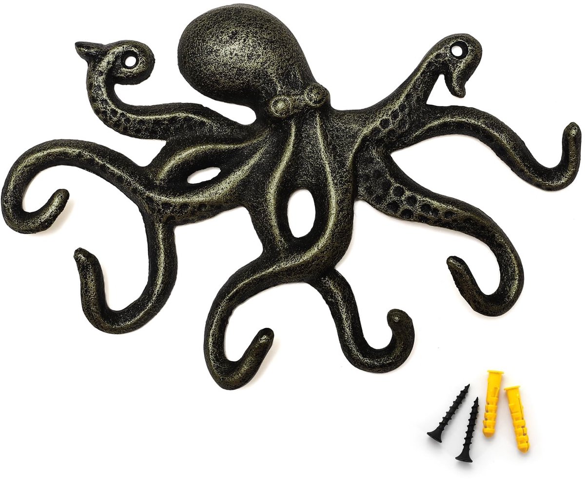Omgoods - Octopus Wandhaak - Vintage Gietijzeren Haak met 6 Haken in Brons