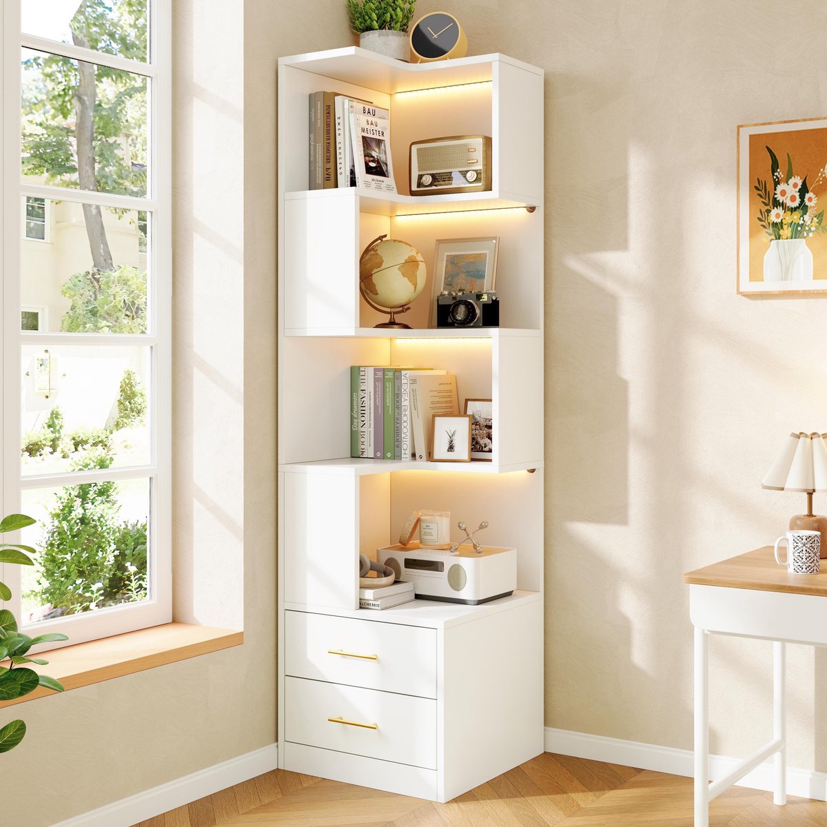 Sweiko Vitrinekast - Boekenkast - LED-verlichting - 2 lades - Wit