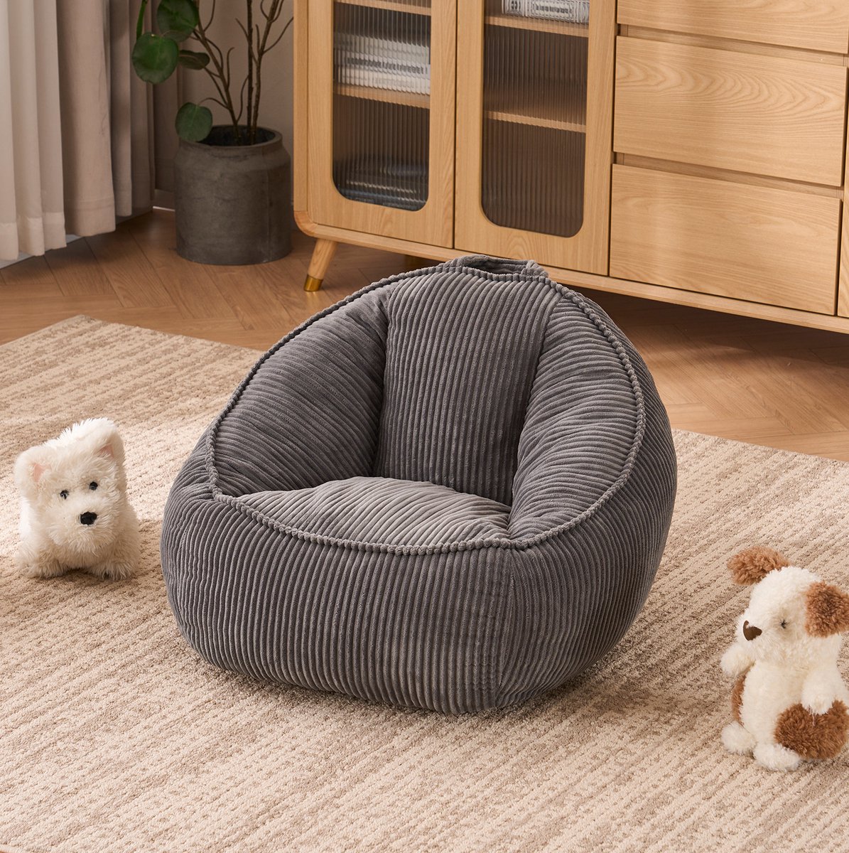 FloraGrace Zitzak Kinderstoel Met Rugleuning 51 Cm Voor Indoor Gebruik Ribstof Grijs Comfortabel Voor Spelen Lezen En Ontspannen