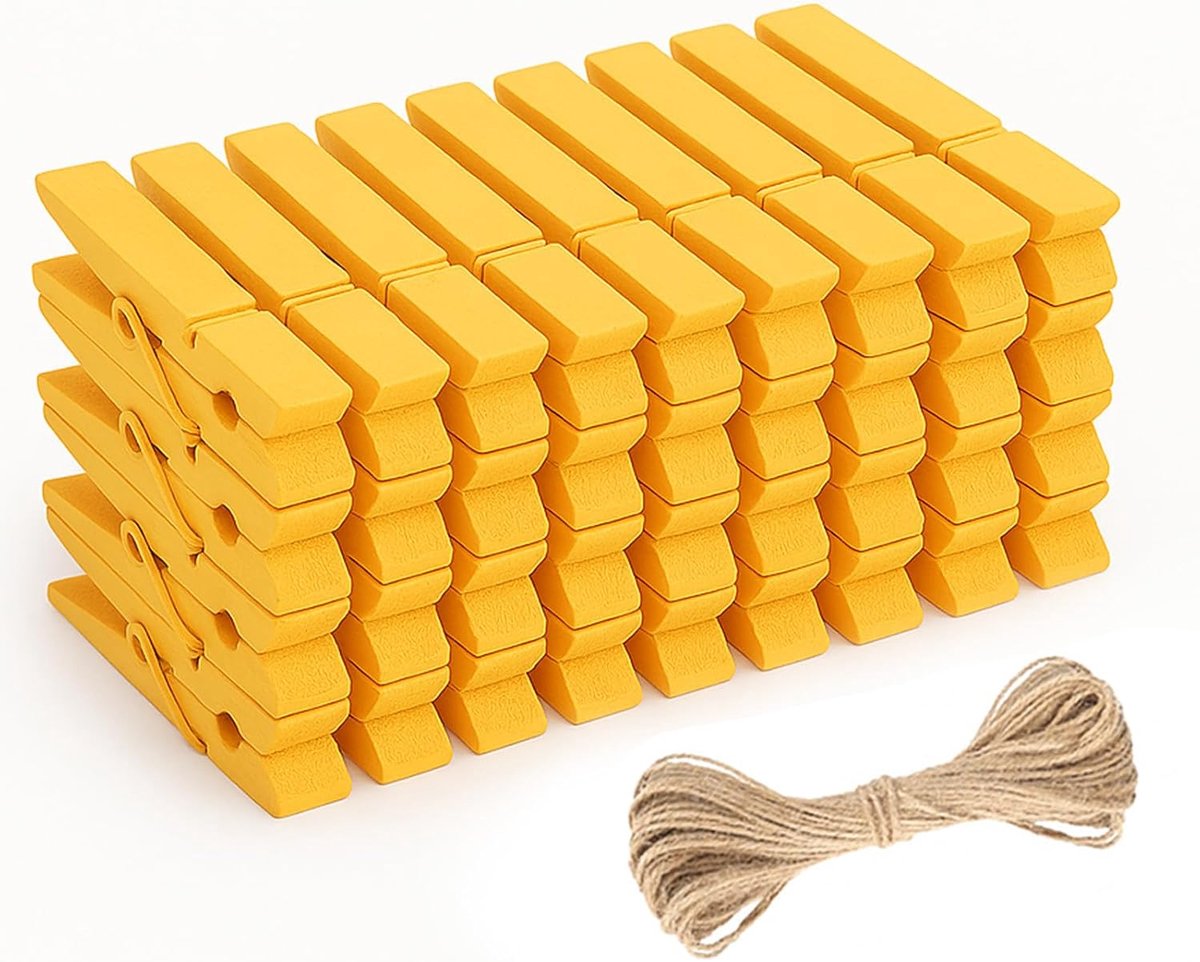 jijAcraft Goudgele houten wasknijpers 7 cm: grote houten knijpers voor foto, 50 stuks fotoklemmen om te knutselen, houten knijpers met 10 m jute koord voor feestdecoraties, verjaardagen