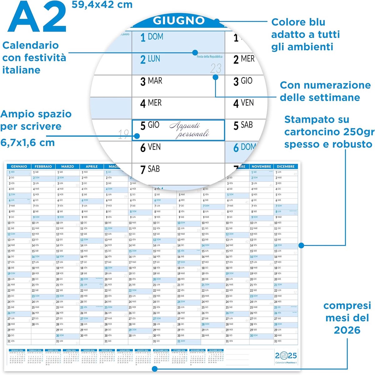 SnelShoppen - Wandkalender 2025 Maxi A2 - 59 x 42 cm - Positieve Gevoelens - Grote Ruimte voor Aantekeningen - Inclusief Italiaanse Feestdagen - 12 Ma