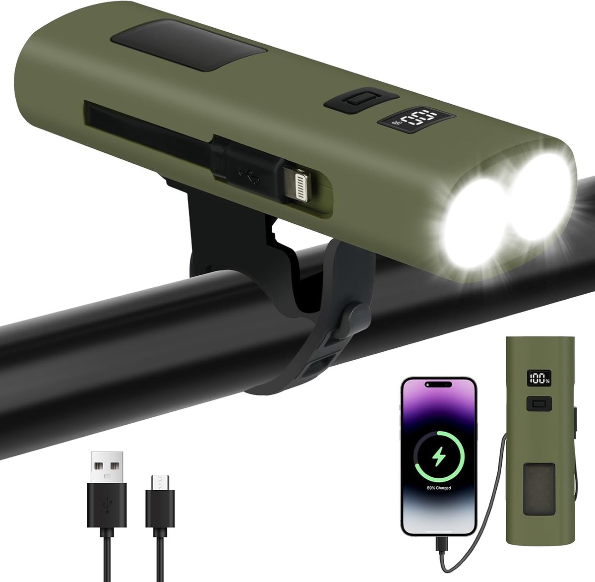 SnelShoppen - Fietsverlichting LED-koplamp 800 Lumen, Type-C Oplaadbaar, Waterdicht, 6 Verlichtingsmodi voor Racefiets, MTB, Buitenactiviteiten, Fiets