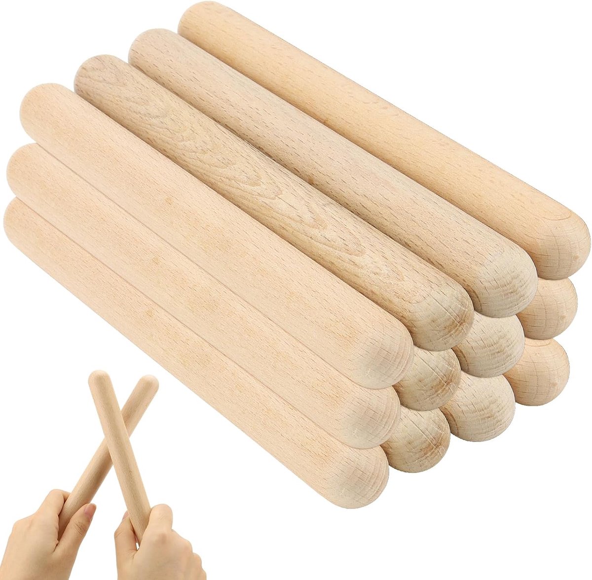 SnelShoppen - Set van 12 Ritmestokken van Hout, Geluidsinstrumenten van Beukenhout, 20 cm, Ideaal voor Muziekeducatie, Professionals en Beginners