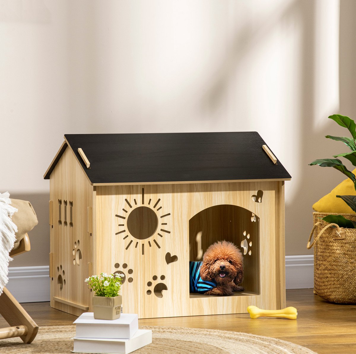 REDOM - Hondenhok voor hond - Ventilatieopeningen en grote ingang - MDF - Binnengebruik - Hout - Zwart en Eiken - 69 x 50 x 58,5 cm