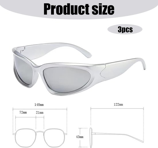 Retro bril, zonnebril, heren en dames, lichtgewicht wrap-around zonnebril, gepolariseerde sportbril, trendy retro fietsbril, rechthoekige rave, verpakking van 3 stuks — afbeelding 3