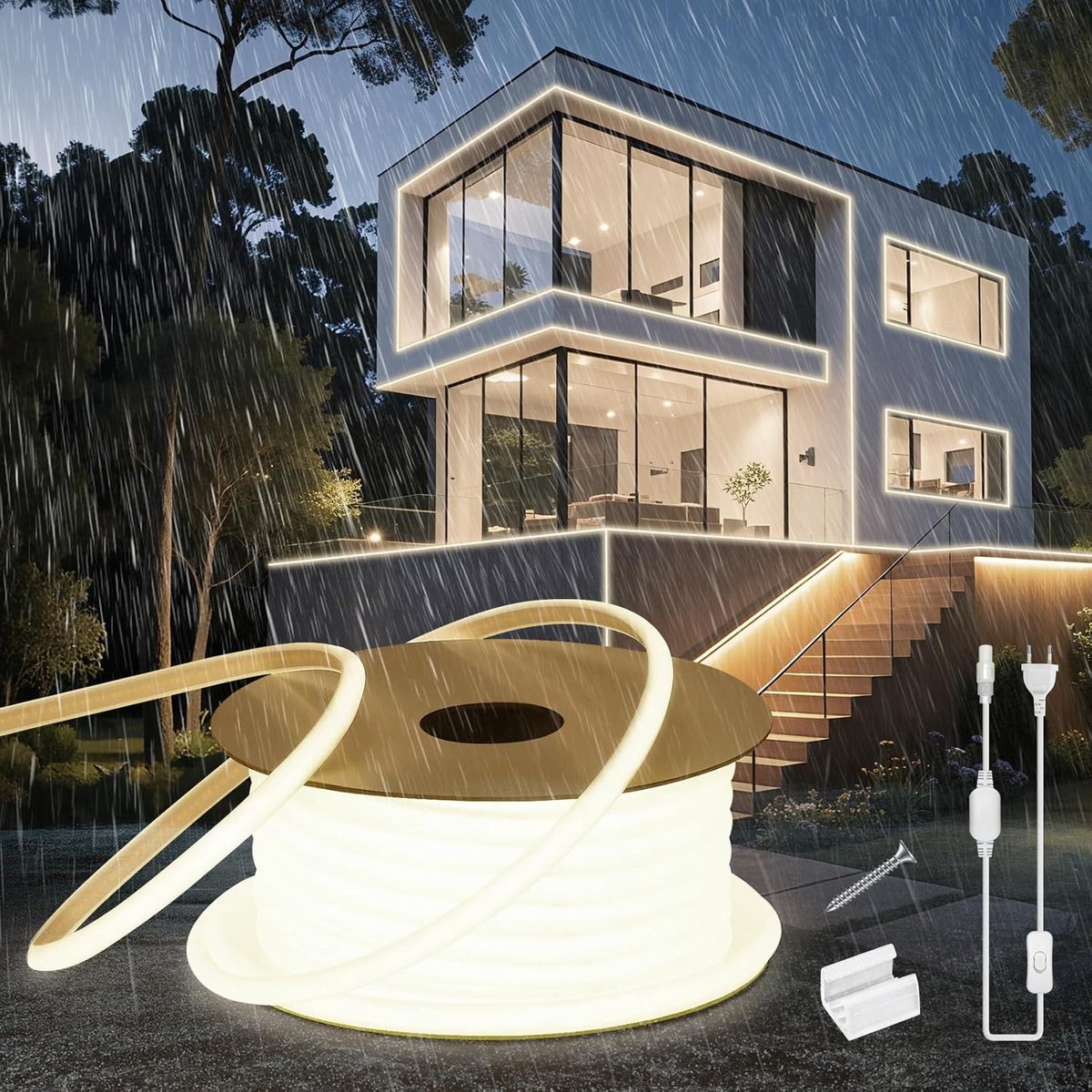 LED Streifen 10m, Silikon Wasserdicht Feuerfest IP65 COB Led Strip Naturweiss 4000K 10mm Led-Lichterkette Außen 230V Flexibler Lichtband Aussenbereich mit Netzteil für Haus, Küche
