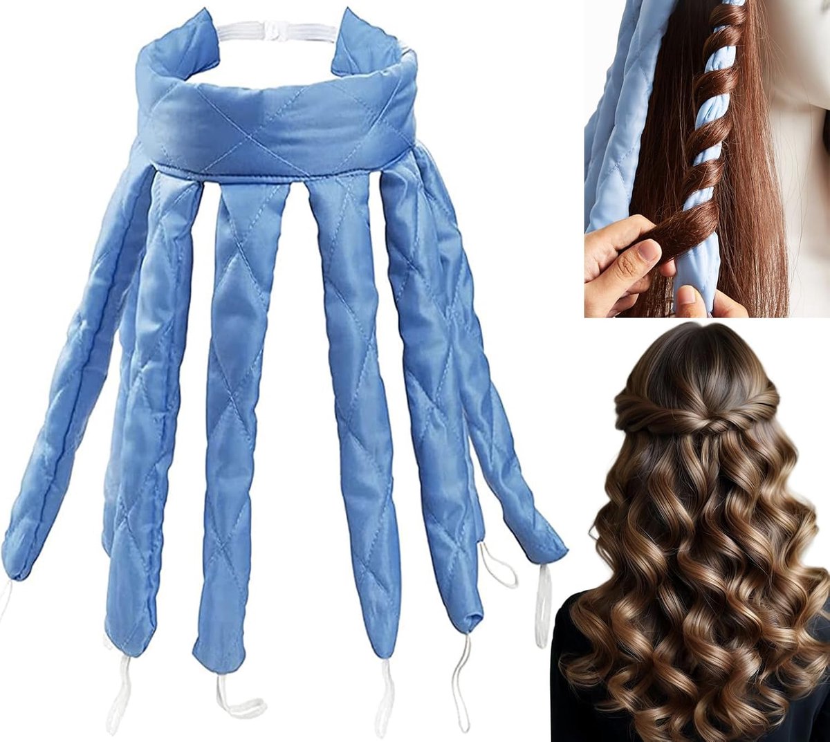 Curlers Headband, octopus-haarkruller, 's nachts krullen zonder warmte, voor lang en halflang haar, zachte zijden band met krullers, voor dames en meisjes, blauw