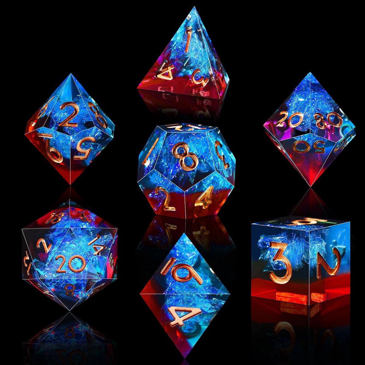 7-Die Polyhedral Dice voor DND Handgemaakte Sharp Edge Game Dice voor Dungeons en Dragons RPG MTG Tafelspellen (Flame Red & Ice Blue)