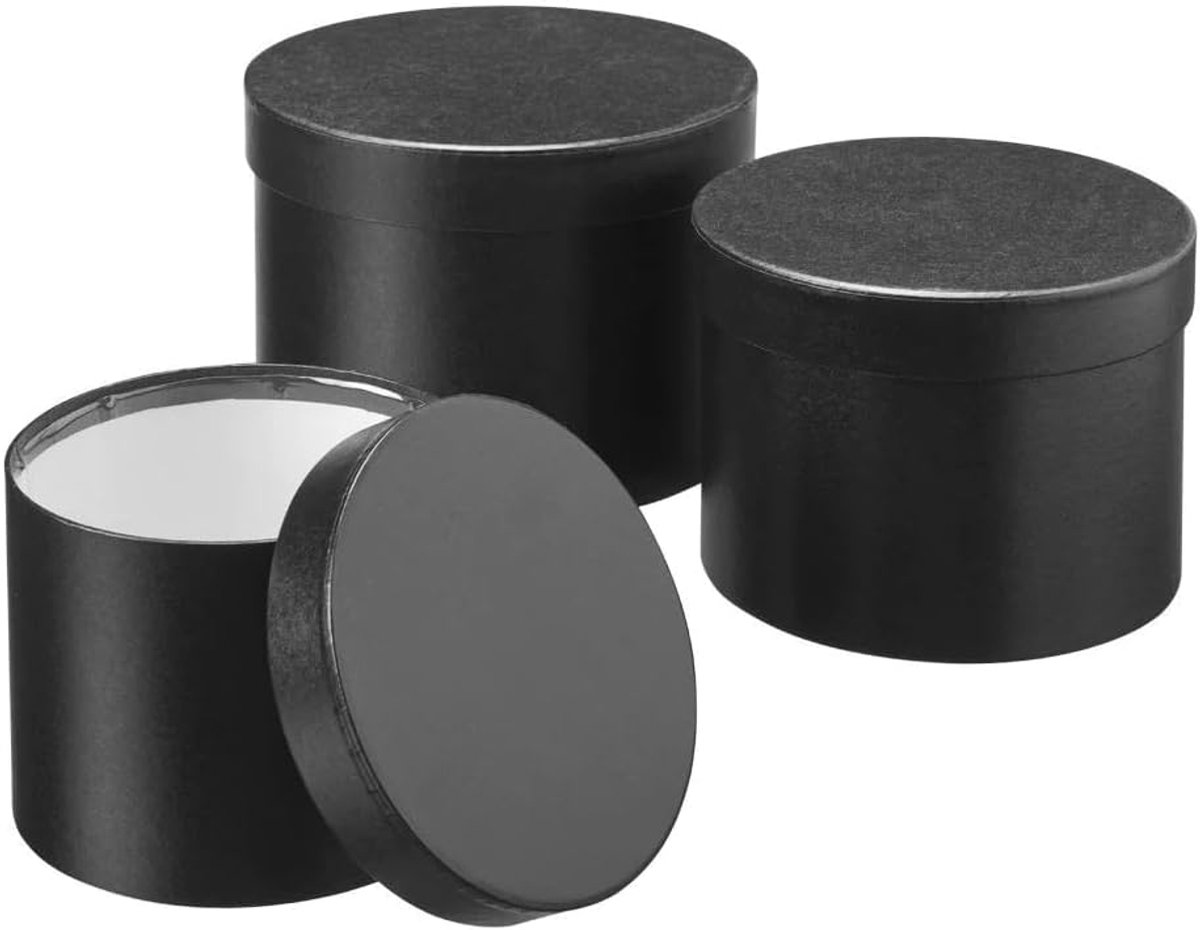 SnelShoppen - Set van 3 ronde hoedendozen met deksel, ideaal voor cadeaus, bloemen, opbergdozen, zwart, 19.8x14.5 cm, 17.2x13 cm, 14.8x11.5 cm