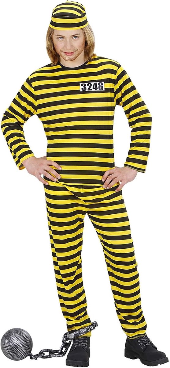 SnelShoppen - Kostuum Gevangenis Geel-Zwart Kind 11-13 Jaar 158 cm - Inclusief Top, Broek en Hoed voor Feestjes en Verkleedpartijen