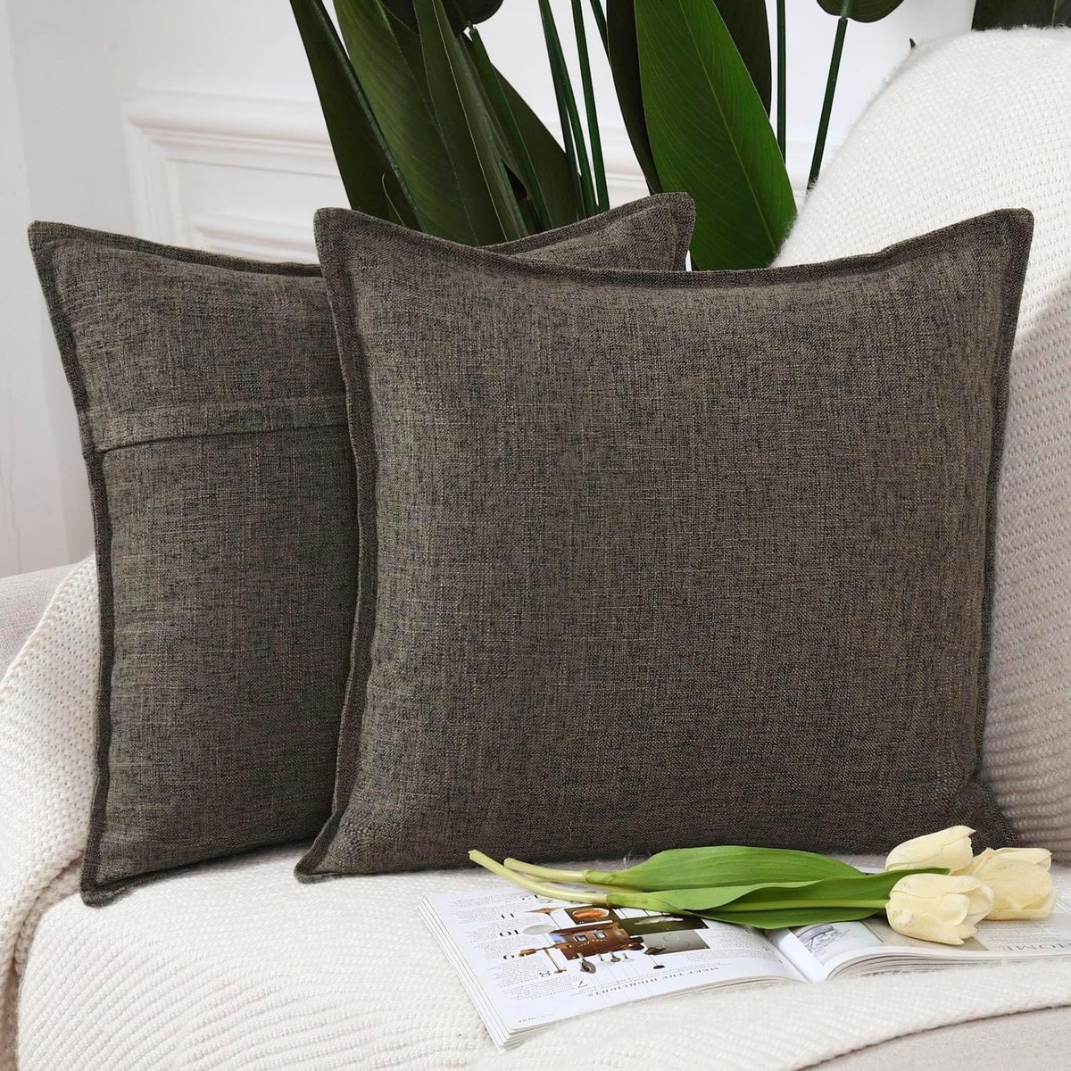 SnelShoppen - Set van 2 Imitatie Linnen Kussenhoezen 60x60cm Donker Taupe - Zacht Decoratief Kussen voor Bank en Slaapkamer
