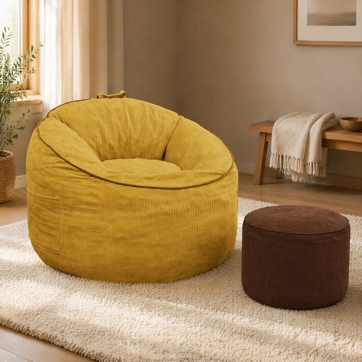 COVREO Zitzak met poef 103 x 95 x 80 cm geel, flanel met opbergvak